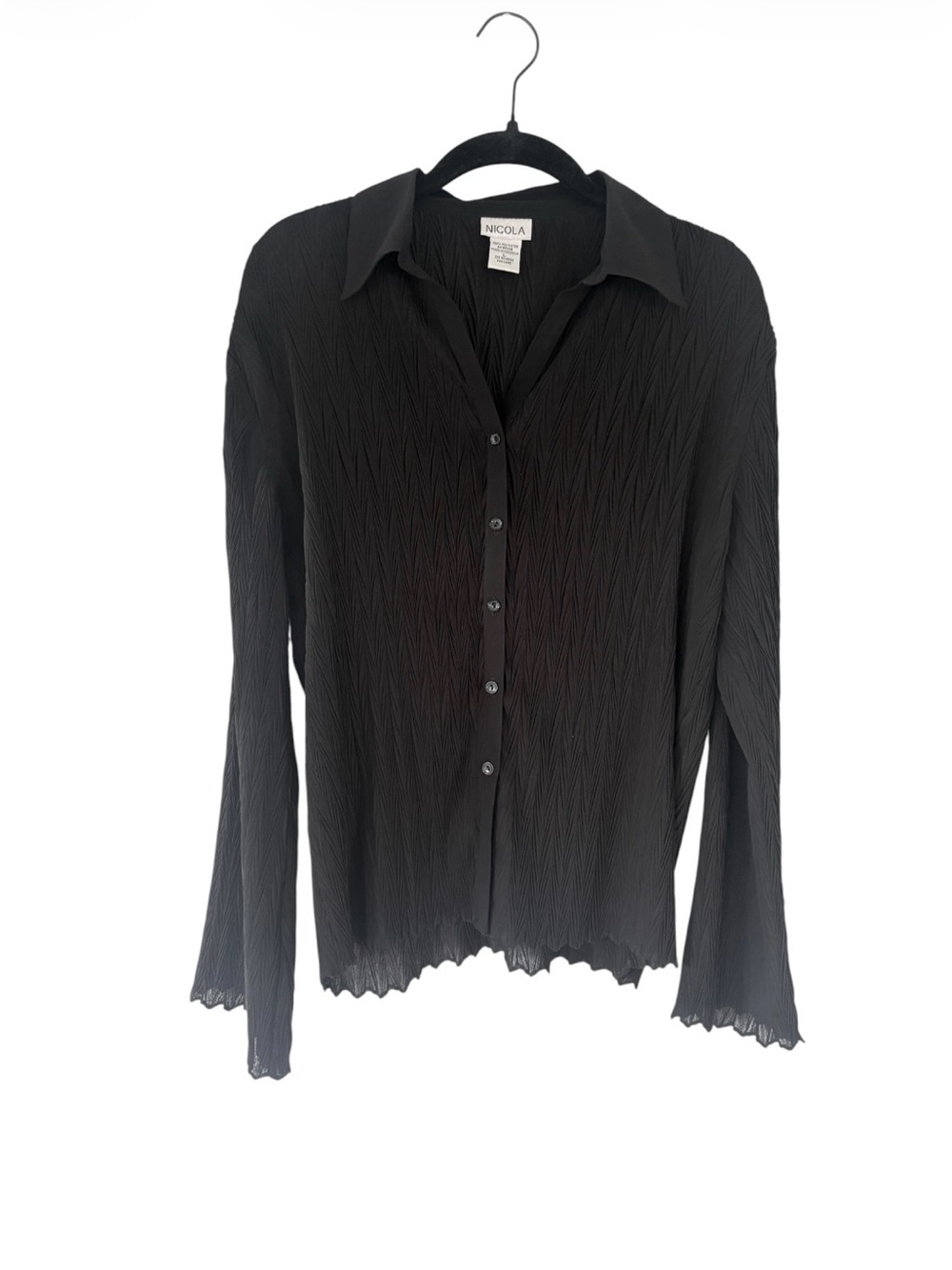 Vintage NICOLA Black Pleated Button-Front Long Sleeve Blouse